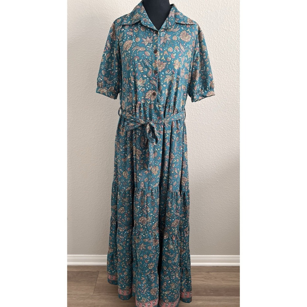 Boemo Large Tiered Maxi Dress Cottagecore Boho Prairie Peasant Paisley Teal